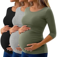Ficerd 3 Pack Women's Maternity Tops 3/4 Sleeve Side Ruched Tunic Pregnancy Shirts Clothes for Women