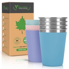 Vermida 어린이 및 유아용 스테인리스 스틸 컵 283.5g(10온스) 쌓을 수 있는 스테인리스 스틸 아동용 컵 실리콘 슬리브 땀 방지 가정 및 실외용 깨지지 않는 금, 블루, 그린, 핑크, 퍼플