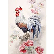 전통 수묵화 diy그림그리기 행운 금전운 승진 길조의 상징 붉은 수탉과 부귀의 상징 모란꽃 일러스트 닭띠 마스코트 동물 식물 풍수데코그림 개업/집들이/새해선물 액자포함