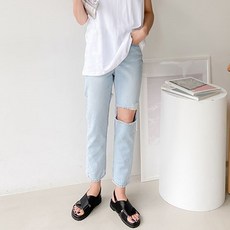 하이웨스트 무파진 찢청 일자 루즈핏 연청 7부 청바지