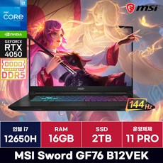 MSI Sword GF76 B12VEK i7 12세대 RTX4050 게이밍노트북 (16GB/2TB/Win11) / ICDI