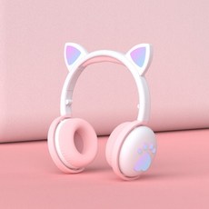 Boto 귀여운 고양이 헤드셋 펑티모 블루투스 무선 LED 헤드폰, 화이트