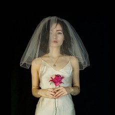 해외발송 [웨딩 면사포]신부 베일 한국어 더블 레이어 일반 원사 커버 짧은 웨딩 베일 여행 베일 간단한 퍼프-24057
