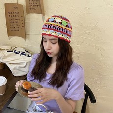 현아 무드 컬러 플라워 핸드메이드 라탄 펀칭 배기 사계절 모자 클래식 무명실 반다나 니트모자