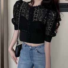 겟잇미 여름 퍼프 레이스 반팔 퍼프 크롭 블라우스