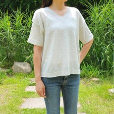 요가잡화점 여성 린넨 반팔니트 브이넥 데일리룩
