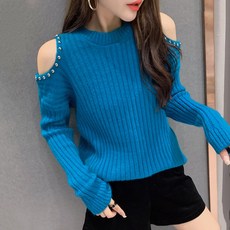 겨울 가을 구슬장식 오프숄더 어깨트임 상의 이너웨어 긴 소매 슬림 풀오버 여성