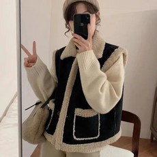 Feelchamois 가죽 양고기 조끼 여성 캐주얼 몸집이 작은 검은 통합 짧은 재킷 하이 엔드 겨울 착용 풀온 넥 싱글 버튼