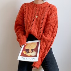 아모르데이 여성용 레밍스카시 루즈핏 크롭 꽈배기 케이블 라운드넥 스웨터