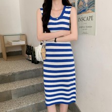 생활인테리어 여름 시원한 데일리 스트라이프 단가라 민소매 롱원피스 미디원피스