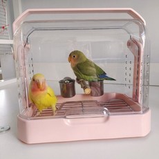 앵무새이동장 이동가방 케이지 투명 소형 새집 산책 외출, 1개, 핑크새장+스탠딩우드+그물+새먹이컵