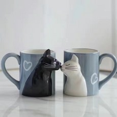 urkoteer 크리에이티브 입체 고양이 커플 머그잔 핸드페인팅 도자기 커피잔 nx-1190, 블랙+화이트