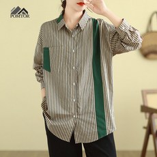 POMTOR 여성 스트라이프 셔츠 루즈핏 긴팔 블라우스 캐주얼 카라넥
