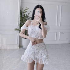 화이트 비키니 모노키니 빅사이즈 팔뚝 가리는 수영복 쓰리피스