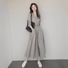 ANYOU 여성 버튼브이넥 미디 원피스 고급 긴 결혼식 돌잔치 출근룩 롱원피스 하객룩