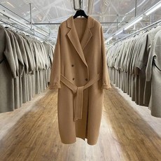 수제 더블 브레스트 롱 울 코트 여성용 캐주얼 루즈핏 레이싱 벨트 모직 오버 오버사이즈 겨울 100%