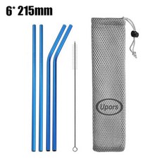 UPORS금속 빨대 215x6mm 실리콘 유지 보수 팁 친환경 스테인리스 스틸 빨대 재사용 가능한 빨대 브러쉬 파우치, blue with bag, Blue with bag