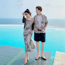 휴커플룩 해변 커플 모습 2023 산야 휴가 의류 클래식 잉크 스타일 남성 셔츠 세트 노출 된 등 레이스 업 여성용 스커트