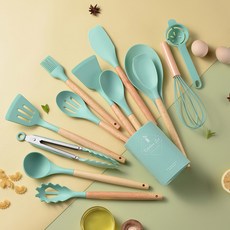라운드 배럴 나무 손잡이 실리콘 주방 용품 세트 14 가지 논스틱 조리기구 도구, green, 1개