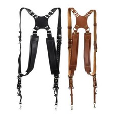 카메라스트랩 넥스트랩 두 대의 카메라 용 카메라 스트랩 사진 액세서리 듀얼 숄더 가죽 하네스 가죽 리벳 카메라 멜빵, 01 Black, 1개