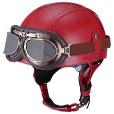[2] Woljay Vintage Leather Motorcycle Retro Half Helmet Men Women Adult for Scooter Bike Cruiser w, Small, Red
