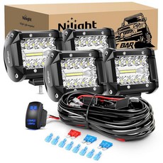 Nilight 18021F-B 2PC 10.2cm(4인치) 트리플 로우 조명 60W 플러드 스팟 콤보 6000LM 바 운전 보트 Led 오프로드 트럭, 60W 조명 4개 + 배선 하네스, 1개