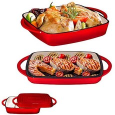 Bruntmor 2 in 1 에나멜 주철 11 인치 정사각형 캐서롤 베이킹 팬 (철판 뚜껑 포함) 2 in 1 멀티 베이커, 파이어 레드_One Size, 상세 설명 참조0, 파이어 레드
