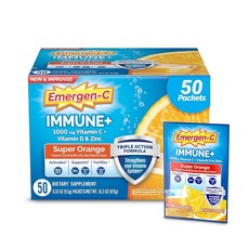 Emergen-C Immune+ 1000mg 비타민 C 파우더 면역력을 위한 D 아연 항산화 물질 및 전해질 포함 면역 지원 식이 보충제 수퍼 오렌지 맛 - 50개입, 1개, 475g