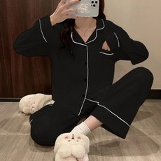 캐주얼 잠옷 여성 블랙 화이트 홈 긴 소매 세트 M-3XL 파자마
