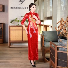 멀티종합기획 공연 복장 패션쇼 치파오 롱 우아한 글리터 모델 퍼포먼스 출 레드 예의 영빈 코스튬의상