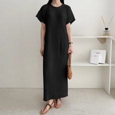 여성용 라운드 반팔원피스 무지원피스 주름 롱기장 체형커버 여리여리 데일리룩 오버사이즈 로우주름롱원피스