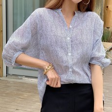 나크21/차이나넥 퍼프소매 스트라이프 셔츠 DM12-T-17/빅사이즈