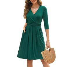 Zattcas Womens 2025 Spring Summer Casual V Neck Wrap 3/4 Sleeve Empire Waist Pleated Fit and Flare A