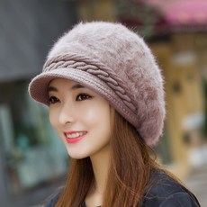 others 캐 런 웨 이 토끼 털 모자 자녀 가을 겨울 한국 버 전 믹스 매치 패션 니 트 털실 오리 두 꺼 운 보온 모 나들이 귀 보호 - 그레이 퍼 플 2