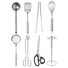 VILIVIN 不銹鋼料理用具8件組 Set，湯勺 + 撈沫勺 + 鍋鏟 + 攪拌器 + 廚房剪刀 + 廚房料理夾 + 剪刀型料理夾 + 收納架 銀色, 1組