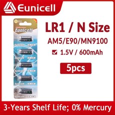 Eunicell 장난감 스피커 플레이어용 원격 제어 알카라인 배터리 LR1 N 사이즈 600mAh LR 1 AM5 E90 MN9100 910A 1.5V 건전지, 5개