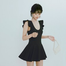  모노키니 플레어 프릴소매 호텔수영장 여성수영복, L, 블랙 