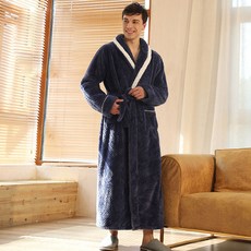 에버하우스 남성용 고급벨벳 포인트 롱 샤워가운, M, 네이비, 1개