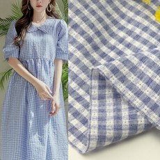 코튼린넨 선염트위드 린넨체크원단 토모블루 천원단