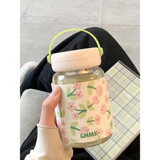 봉규산 내열 유리 텀블러 차 거름망 티 텀블러 물병 휴대용 차 보틀, 화이트 핑크꽃, 1개