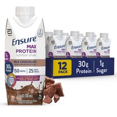 Ensure 맥스 단백질 영양 쉐이크 30g 단백질과 1g 설탕의 고단백질 밀크 초콜릿 312.5 ml 11 온스 12개입 173599, 330ml