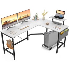 L자형 컴퓨터 책상 게이밍 책상 컴퓨터 테이블 학생 책상 서재 책상 사무용 책상 모니터 받침대 보관 가방과 후크 케이블 매니저 포함 1인용 2인용, 화이트