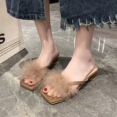 미들굽 포인티드토 뷰티 조리 오픈토 스트레이트 웨지힐 구두 배색 가보시 크리스탈 털 뮬힐