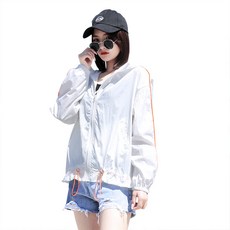 여성의 화이트 패션 스트라이프 짧은 재킷 자루 스크린 학생 후드 썬 스크린