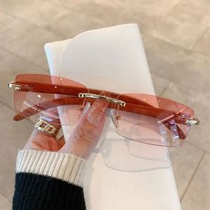 트렌디 펑크 무테 직사각형 선글라스 야외 운전 차양 안경 그라데이션 UV400 패션, Gold-Pink, 1개