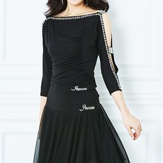 까르죠아 플라워 블랙 소매 트임 블라우스 스포츠댄스복 라인 사교 모던, XL XL