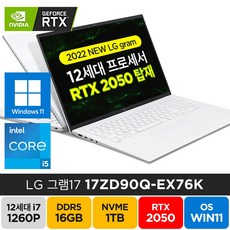 LG전자 2022 그램17 17ZD90Q-EX76K RTX2050 인텔 i7-1260P 윈도우11, 17ZD90Q, WIN11 Home, 16GB, 1TB, 코어i7, 화이트