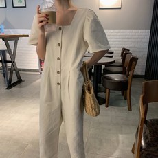 스퀘어넥 점프수트 핀턱 퍼프 반팔 여름 린넨