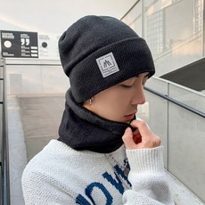모근번장식 블랙 털실모자남가을겨울한판화이트윈터워머 남성 니트모자콜드캡 머플러 블랙 투피스 프리사이즈(55-62cm)