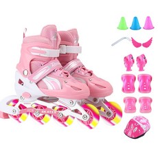 Modern Fashion 어린이 인라인 스케이트 헬멧 보호대 LED조명휠 풀세트, 핑크
